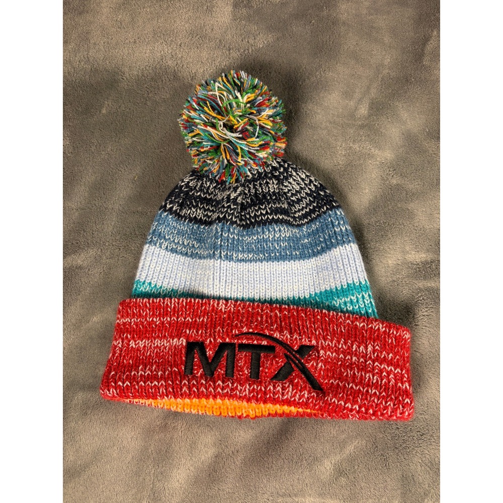 HitWear Unisex MTX Pom Beanie Hat One Size Multicolor Striped Knit Cuffed